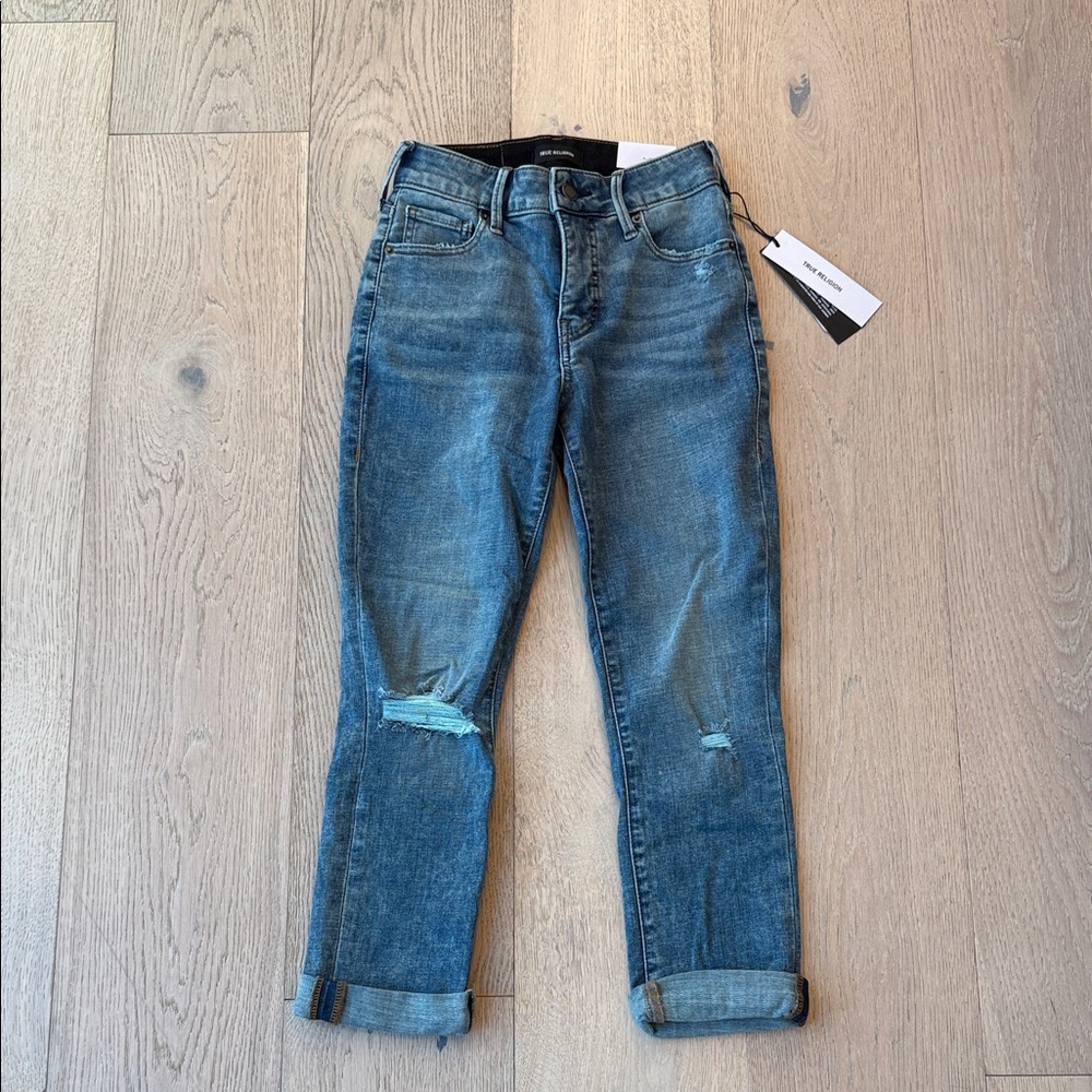 True Religion Halle Distressed Boyfriend Capri Jeans Blazed Indigo Size 26W NWT